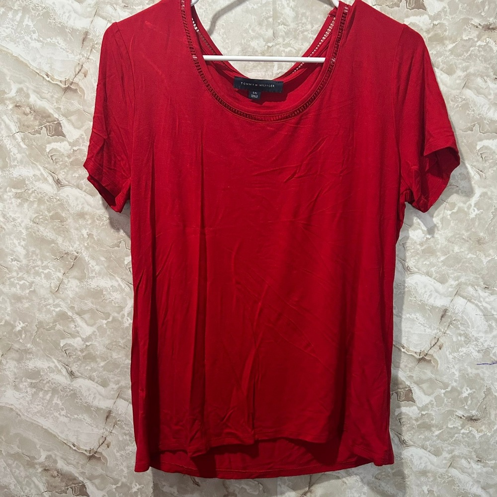 Tommy Hilfiger Red Embellished Neck Short‎ Sleeve Top Blouse Size L